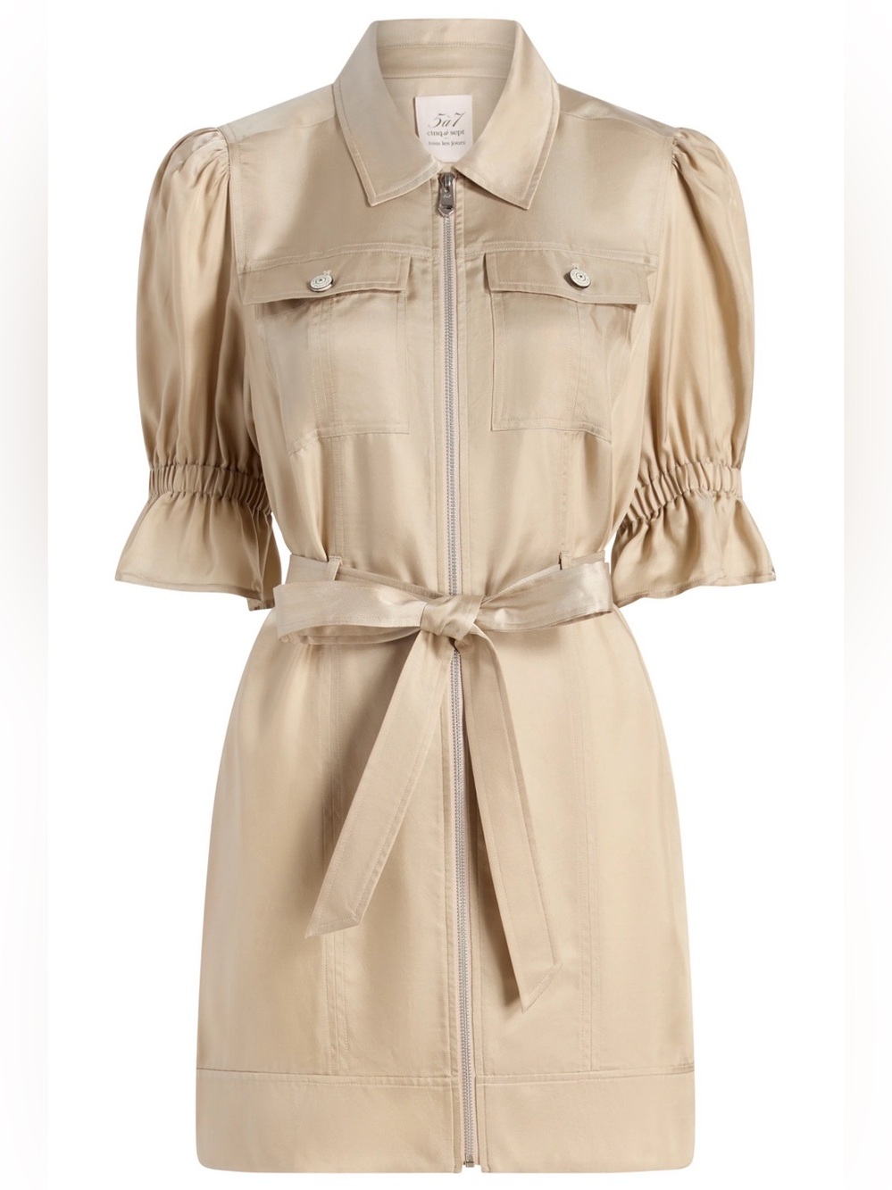 Cinq A Sept Holly Dress Khaki Front Zip Collared Mini 8 Quiet Luxury Neutral